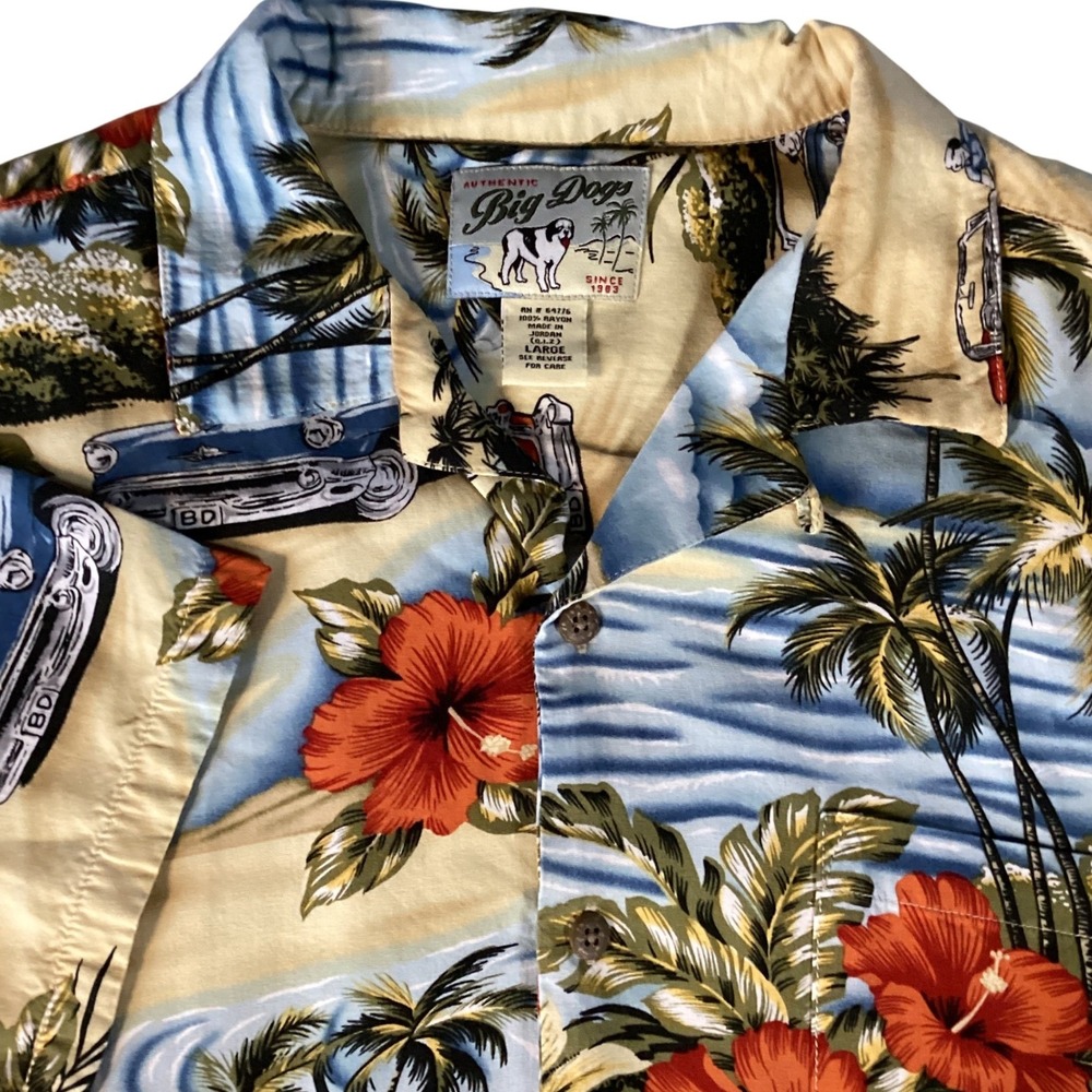 Big Dogs Mens Large Rayon Hawaiian Shirt Classic Cars‎ Tropical Vintage Style